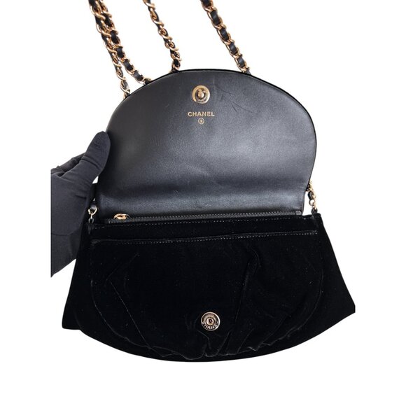 CHANEL  Half Moon  Black Velvet Leather Wallet on Chain Clutch Shoulder Bag Auth - Picture 5 of 16